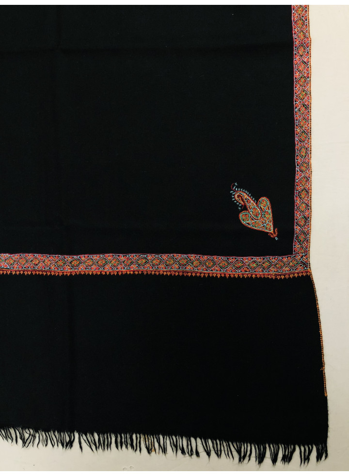 Black Sozni Bordered Embroidery Handmade Real Cashmere Pashmina Shawl