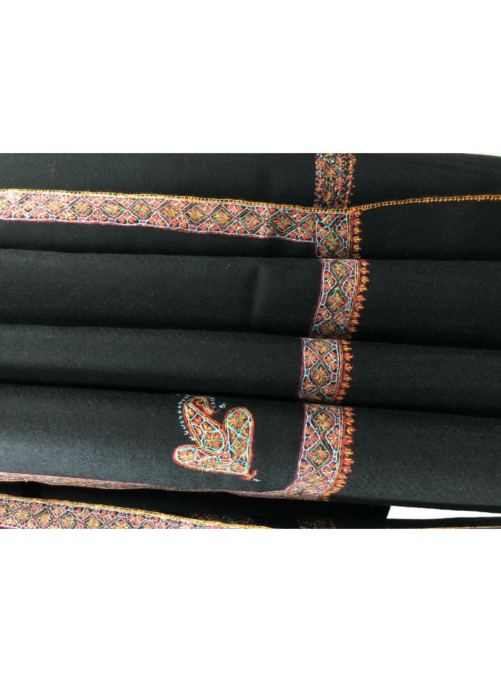 Black Sozni Bordered Embroidery Handmade Real Cashmere Pashmina Shawl