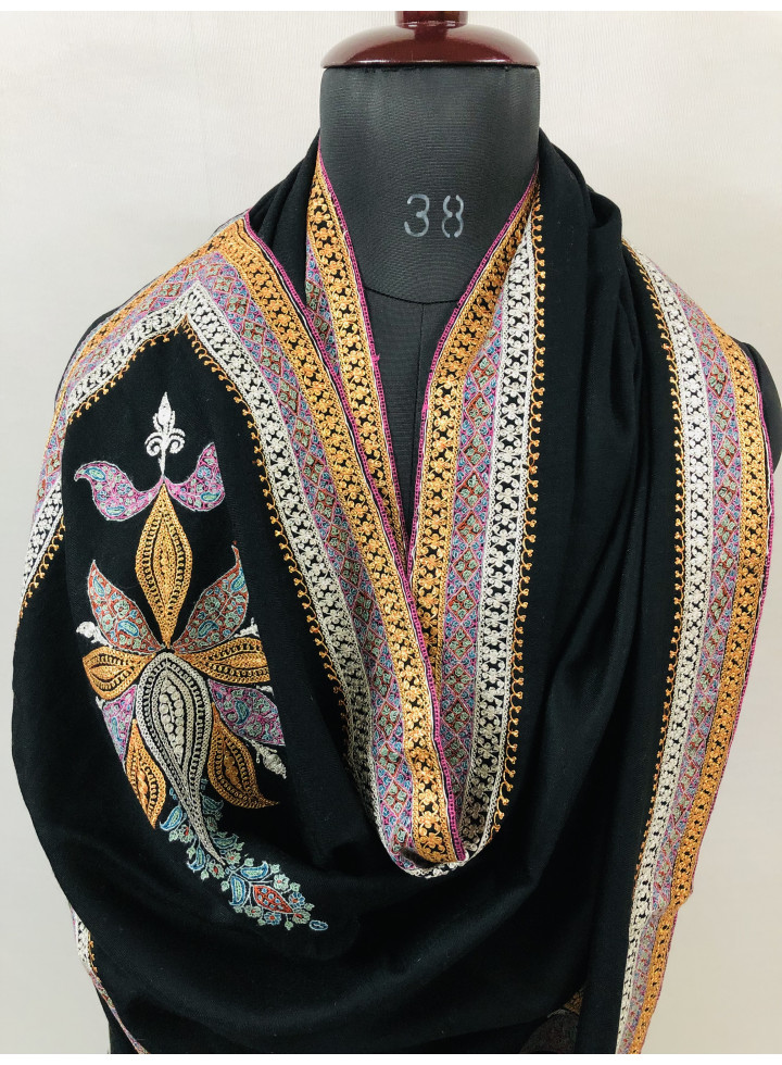 Queen's Coronation Exclusive Hand Embroidered Golden And Silver Tilla Work With Handcrafted Sozni Embroidery Handmade Real Cashmere Pashmina Shawl