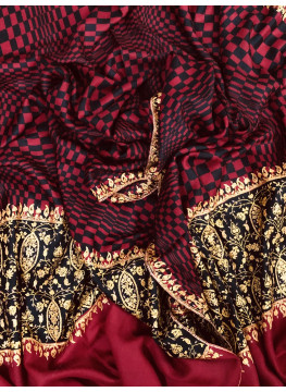 Crimson Check Designed Sozni Palla Embroidered Cashmere Pashmina Stole