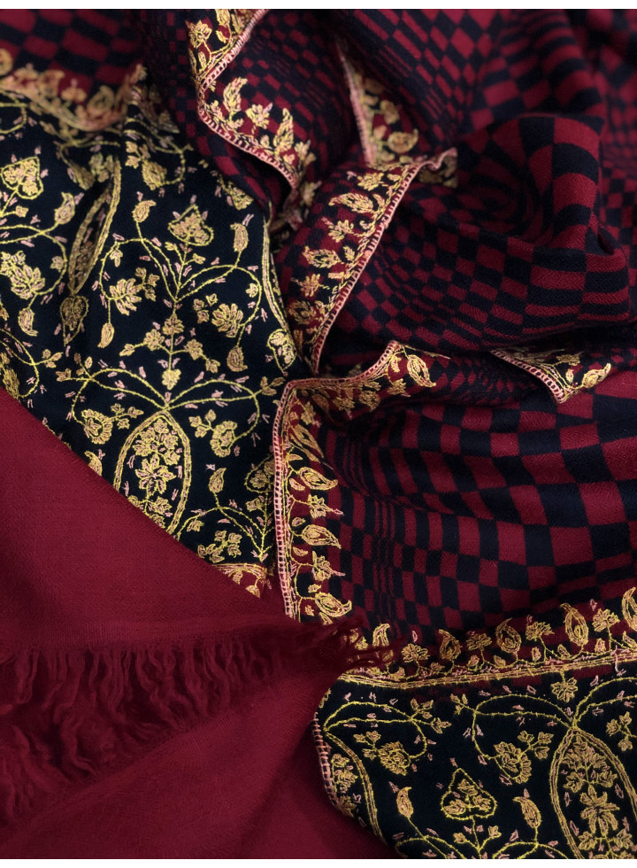 Crimson Check Designed Sozni Palla Embroidered Cashmere Pashmina Stole