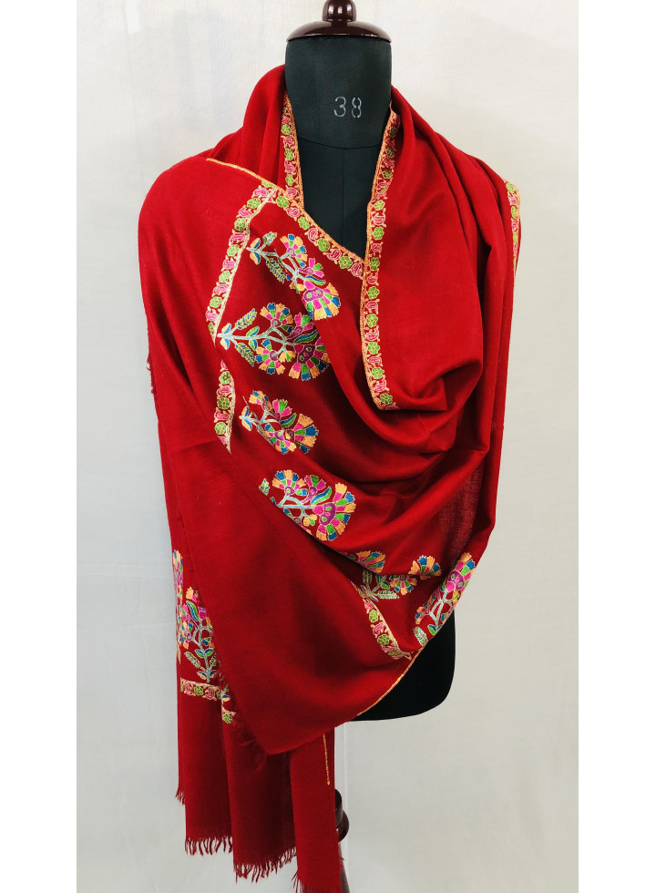 Red Seamless Vintage Floral Kani Embroidery Palla Handmade Real Cashmere Pashmina Stole