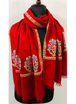 Red Seamless Vintage Floral Kani Embroidery Palla Handmade Real Cashmere Pashmina Stole