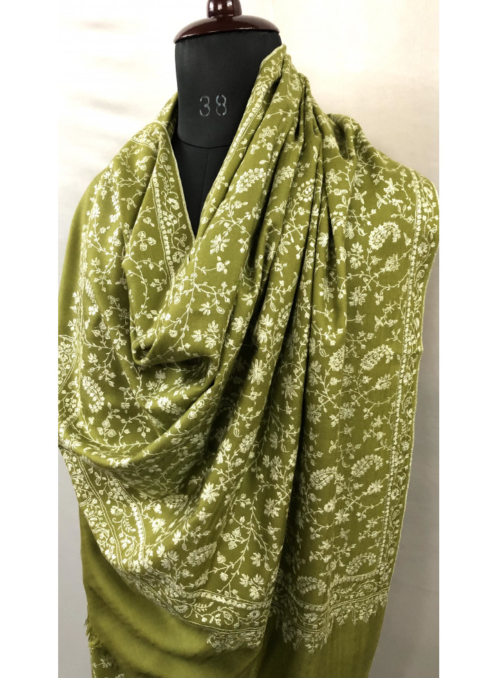 Green Moss Fleece Flower Jaal Sozni Embroidered Cashmere Pashmina Shawl