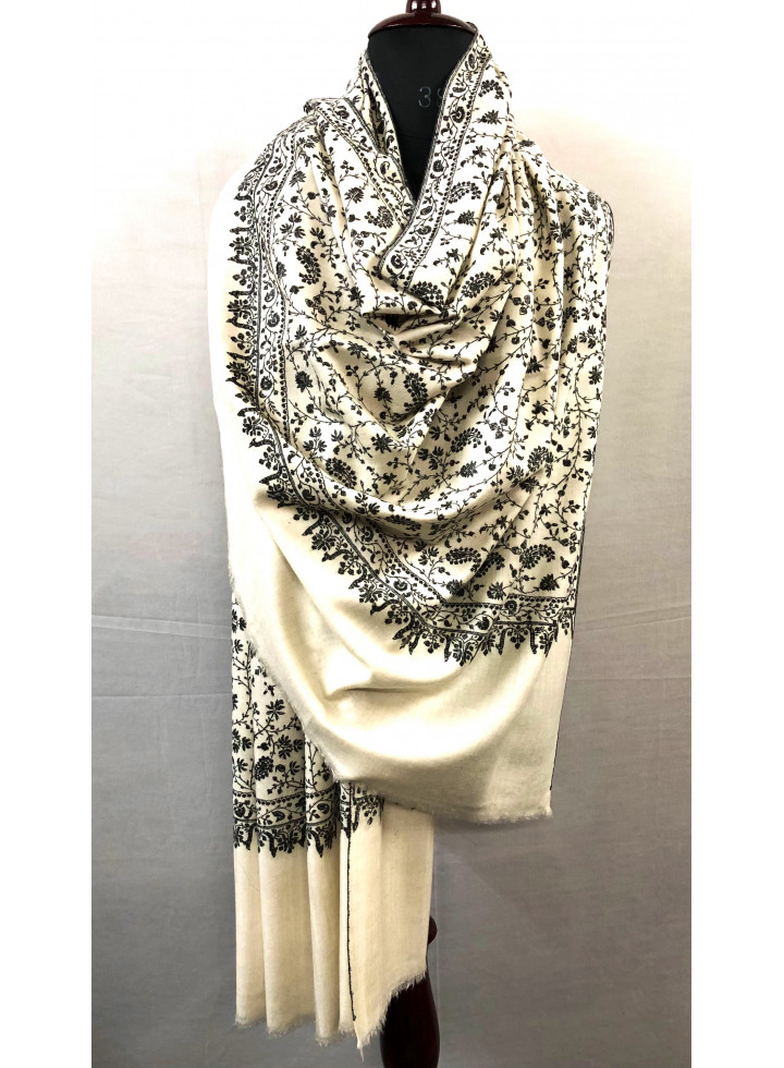 Blanc De Blanc Handcrafted Jaal Sozni Embroidery Real Cashmere Pashmina Shawl