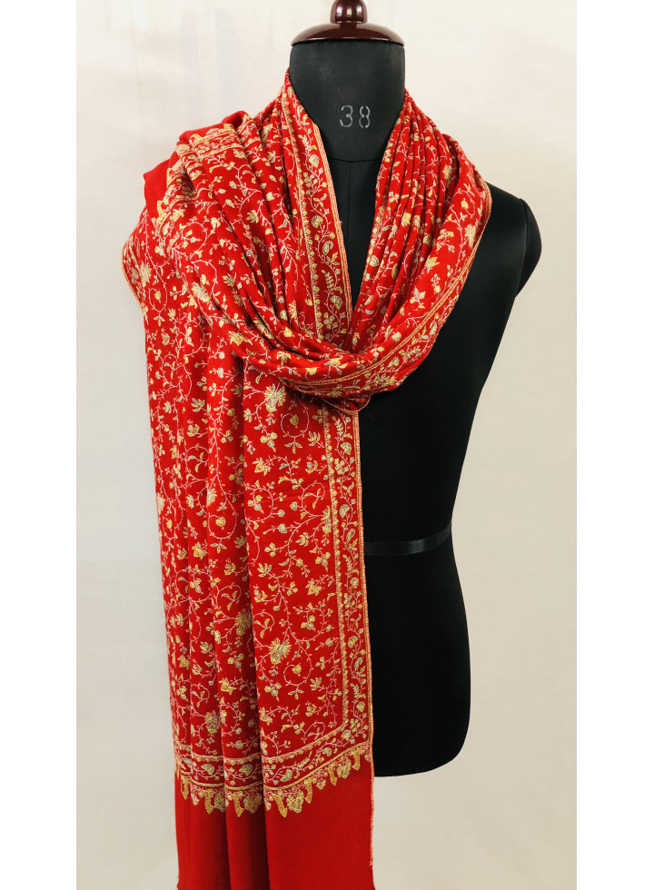True Red Timeless Sozni Hand Embroidered Jaalidar Cashmere Pashmina Shawl