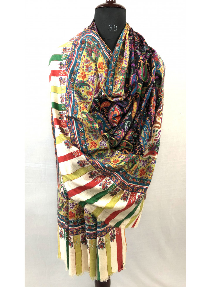 Kashmir Paisley Pivot Design Vintage Outlined Embroidery Cashmere Pashmina Shawl
