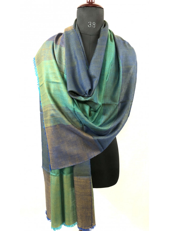 Glided Green-Blue Slate Barcode Stripes Handwoven Real Cashmere Pashmina Stole