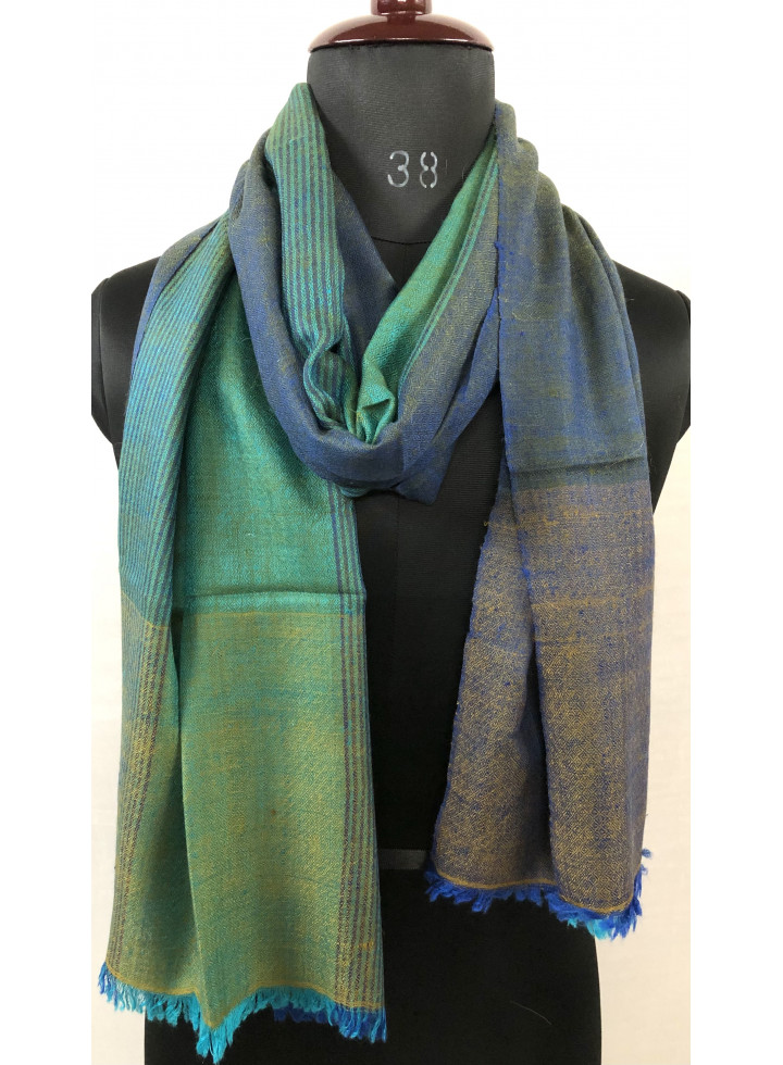 Glided Green-Blue Slate Barcode Stripes Handwoven Real Cashmere Pashmina Stole