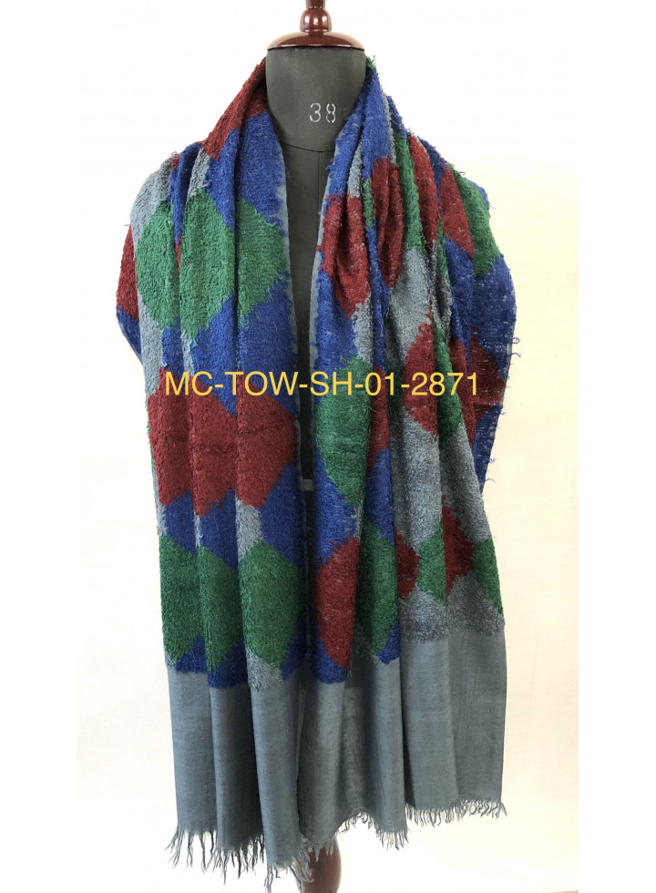 Blue-Grey Towel Weave Harlequin Check Handwoven Real Cashmere Pashmina Wrap