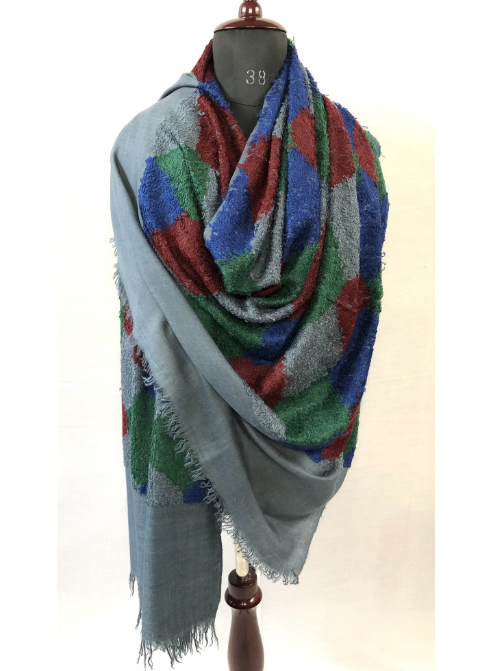 Blue-Grey Towel Weave Harlequin Check Handwoven Real Cashmere Pashmina Wrap