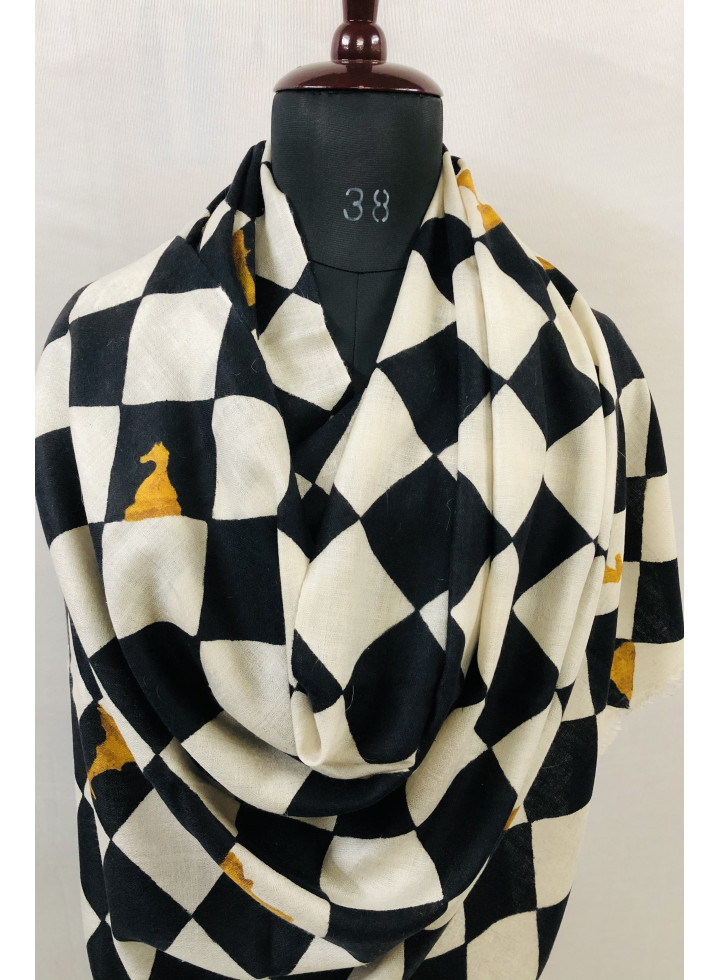 Black And White Checkerboard Pattern Hand Painted Cashmere Pashmina Stole