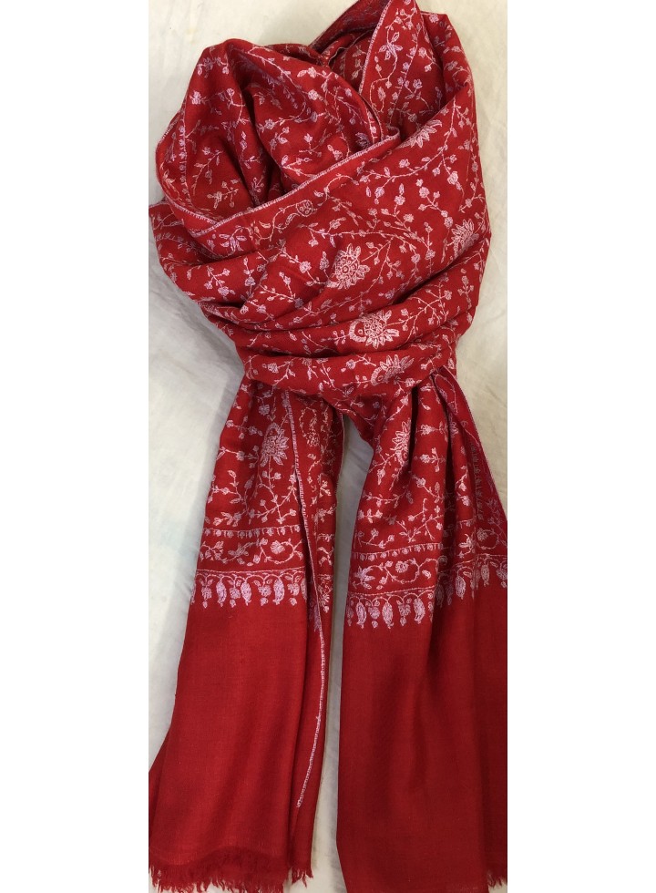 Pashmina High Risk Red Dense Jaal Embroidery Stole